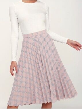 Z🐞Lulu's Neutral Plaid Pleated Midi Skirt Size L